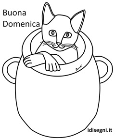 Gatto che si affaccia da un'anfora con augurio di buona domenica.